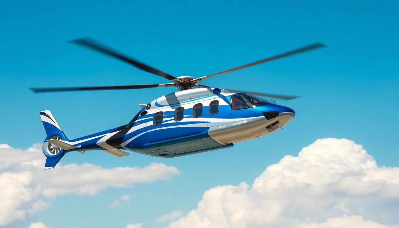 Eurocopter im Flug mit leuchtendem Himmel und dynamischer Perspektive.