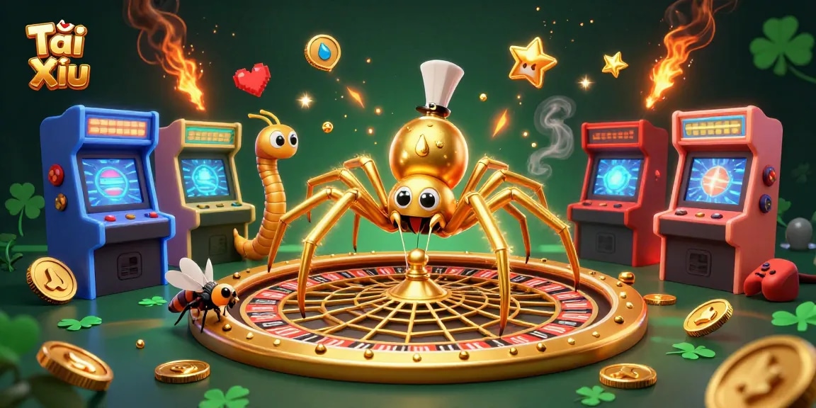 Tài Xỉu game illustrated with a golden spider spinning a roulette wheel web, exciting betting atmosphere.