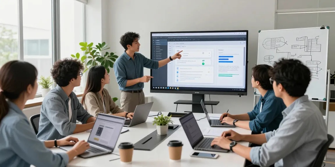 Team collaborating to build internal tools with AI in a modern workspace