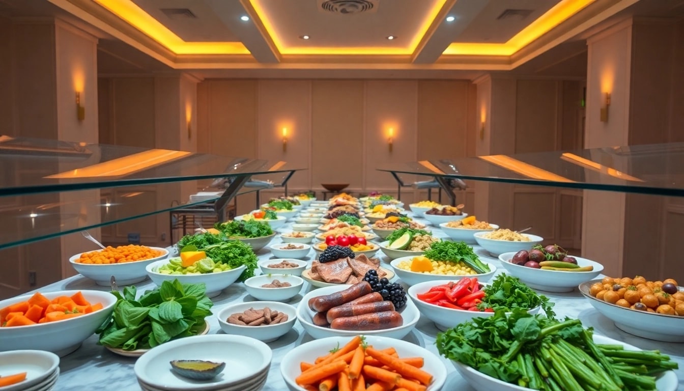 Catering buffet setup featuring a colorful array of fresh dishes to delight guests at events.