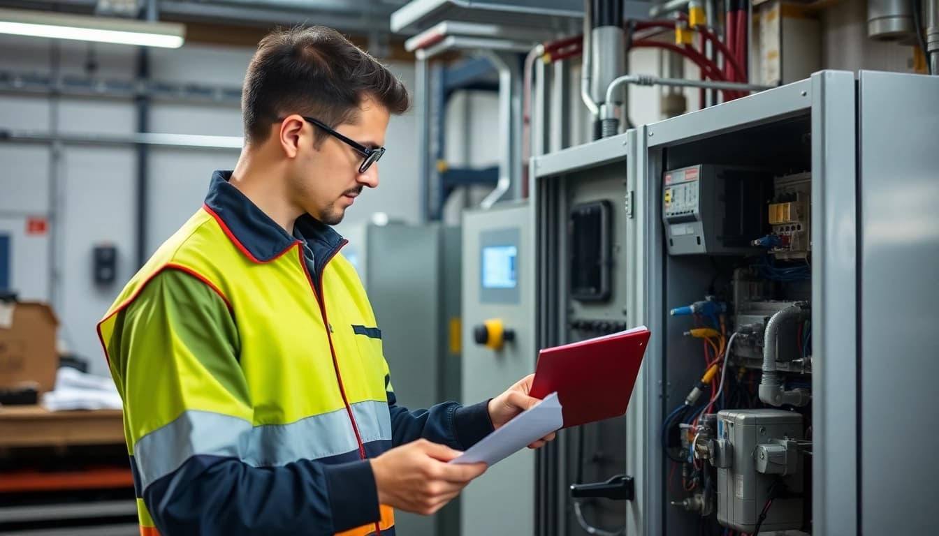 Electrician performing a DGUV V3 Prüfung on electrical devices, ensuring workplace safety and compliance.