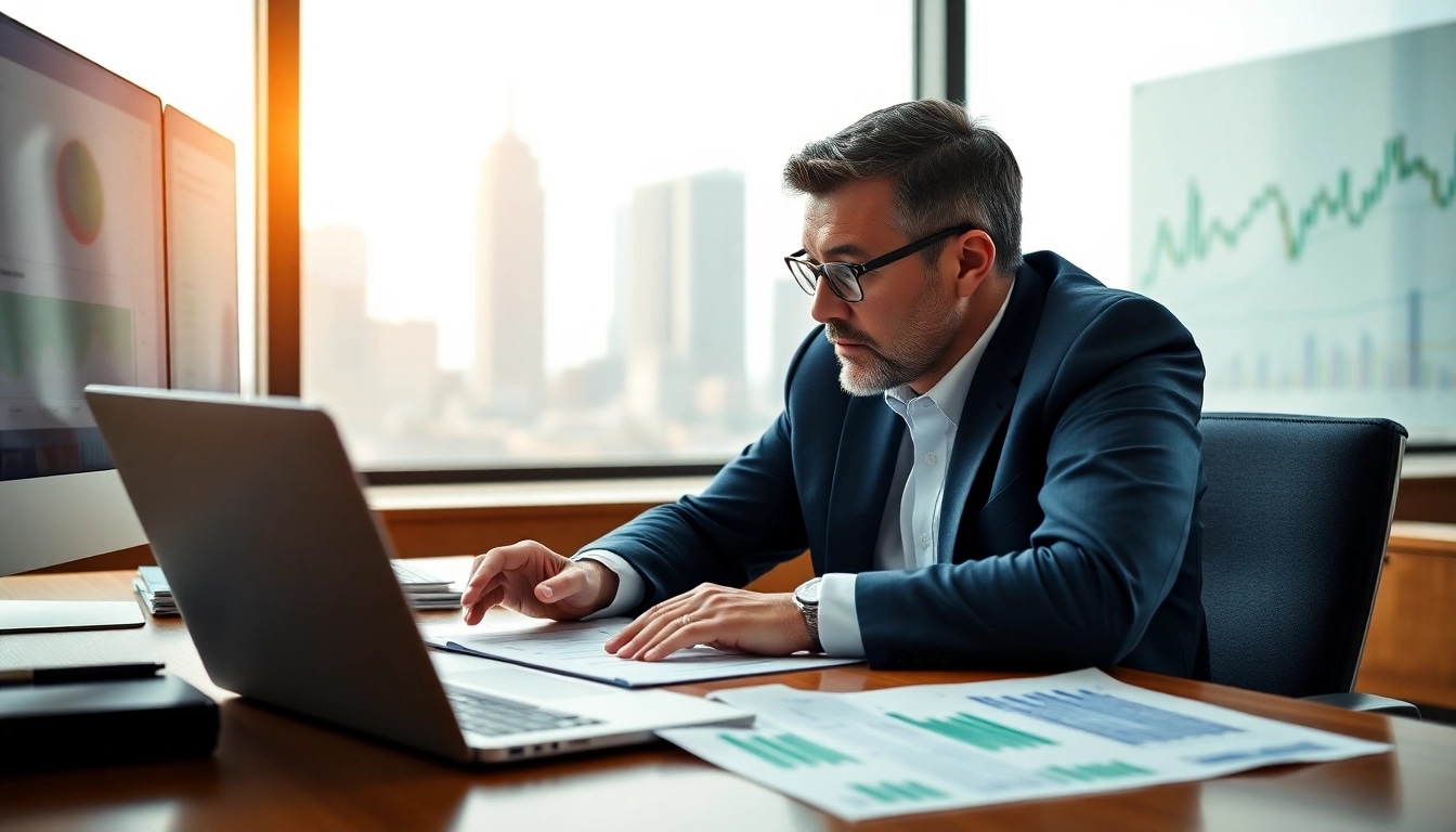 Analyse von ETFs und passive Fonds durch einen Finanzberater in einem modernen Büro.