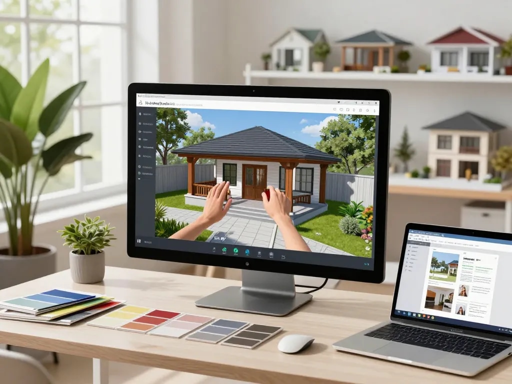 Fesselnde Szene eines Designers, der einen Veranda 3D Konfigurator verwendet, um ein stilvolles digitales Modell in einem hellen Designstudio anzupassen.