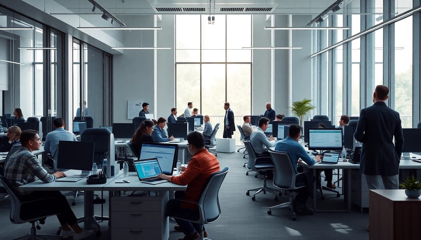Visualize Prozessoptimierung in a modern office, highlighting teamwork and digital tools for efficiency.