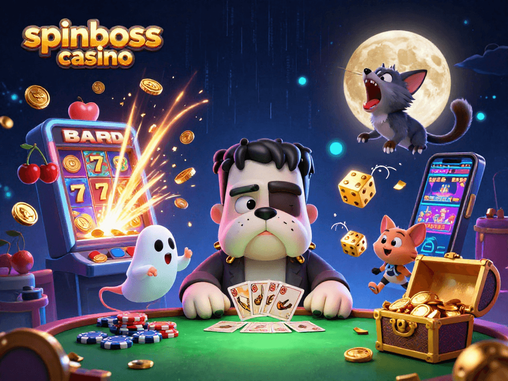 Spieler im spinboss casino genießen aufregende Kartenspiele an einem gruseligen Tisch mit Geistern und Glückssymbolen.