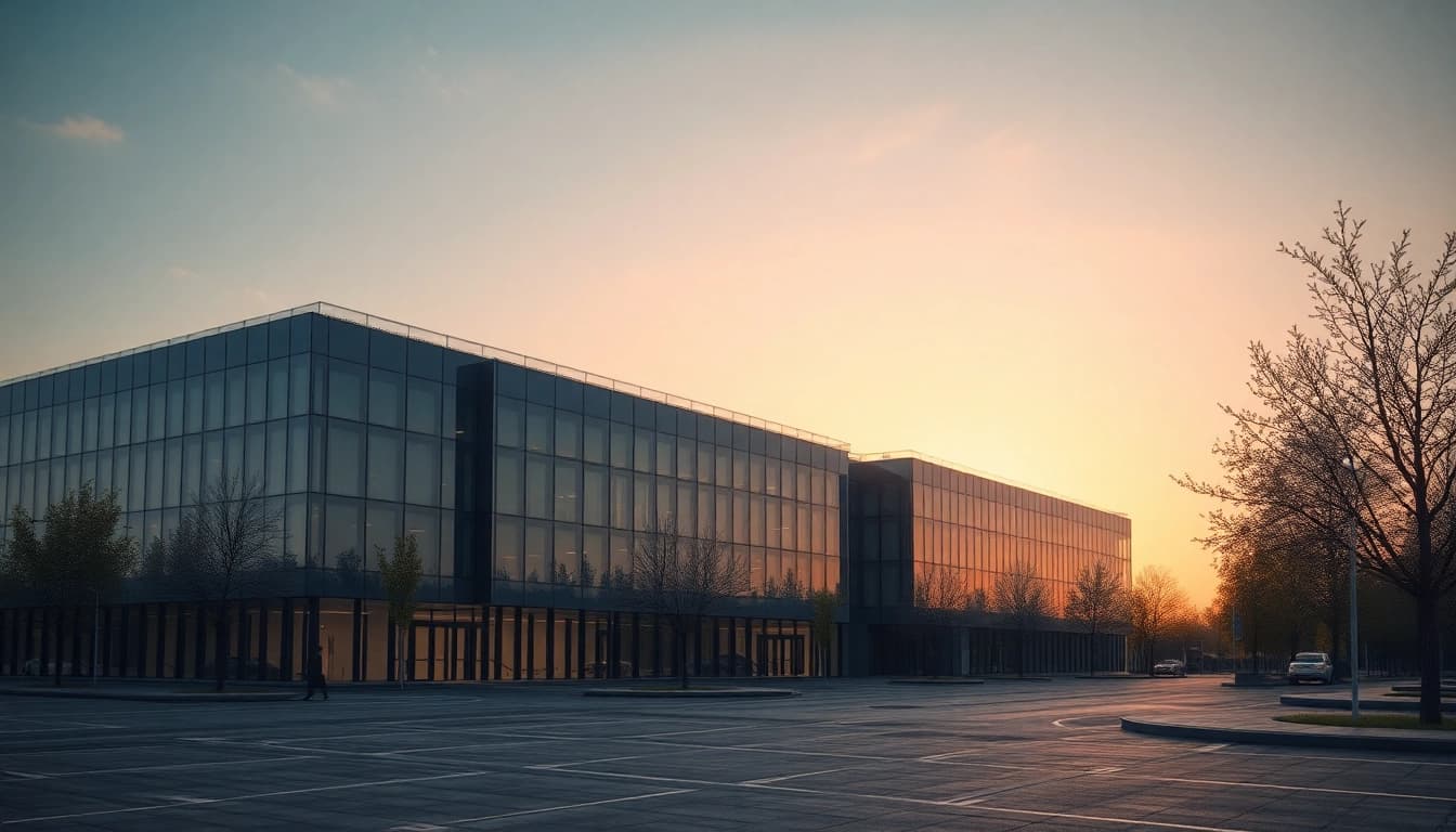 Architekturvisualisierung eines modernen Bürogebäudes mit Sonnenuntergang, das Details und Atmosphäre darstellt.