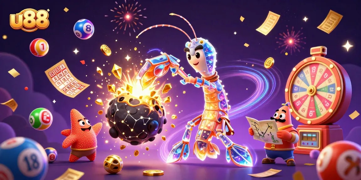 Experience thrilling gaming adventures with u88's dynamic lottery and casino features illustrated in vibrant 3D.