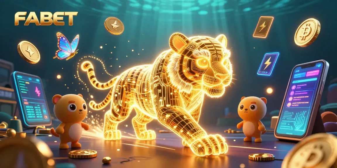 Experience FABET in a vibrant 3D digital casino, featuring a neon tiger and cryptocurrency elements.