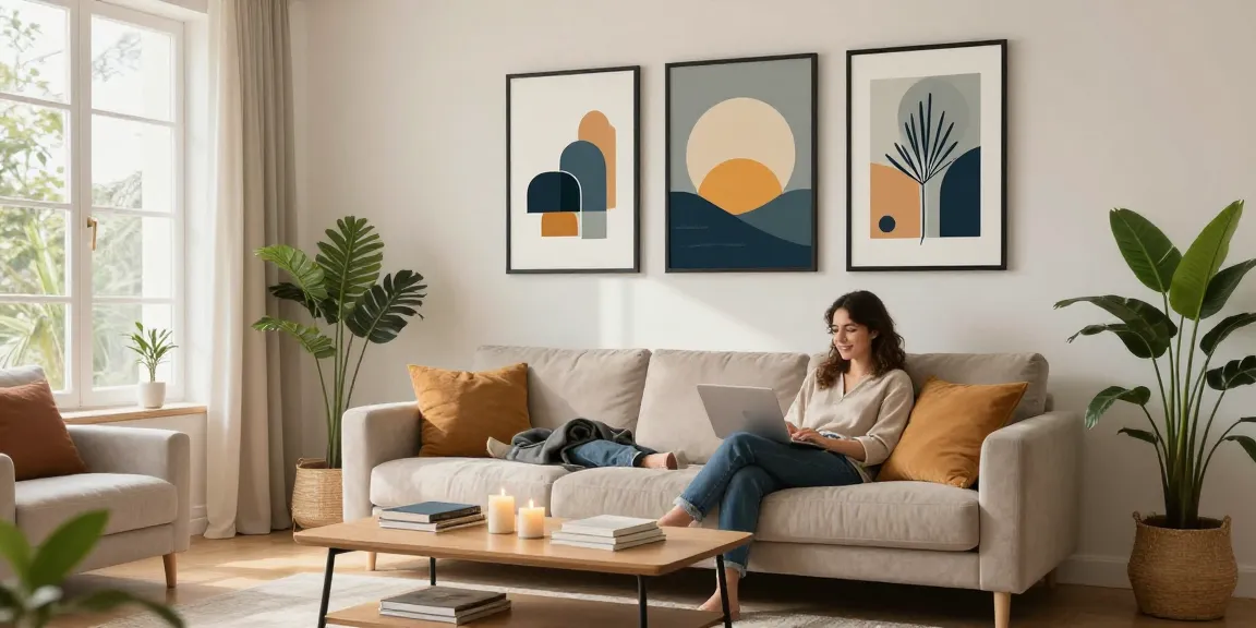 Moderne Leinwandbilder im gemütlichen Wohnzimmer bringen Farbe und Stil.