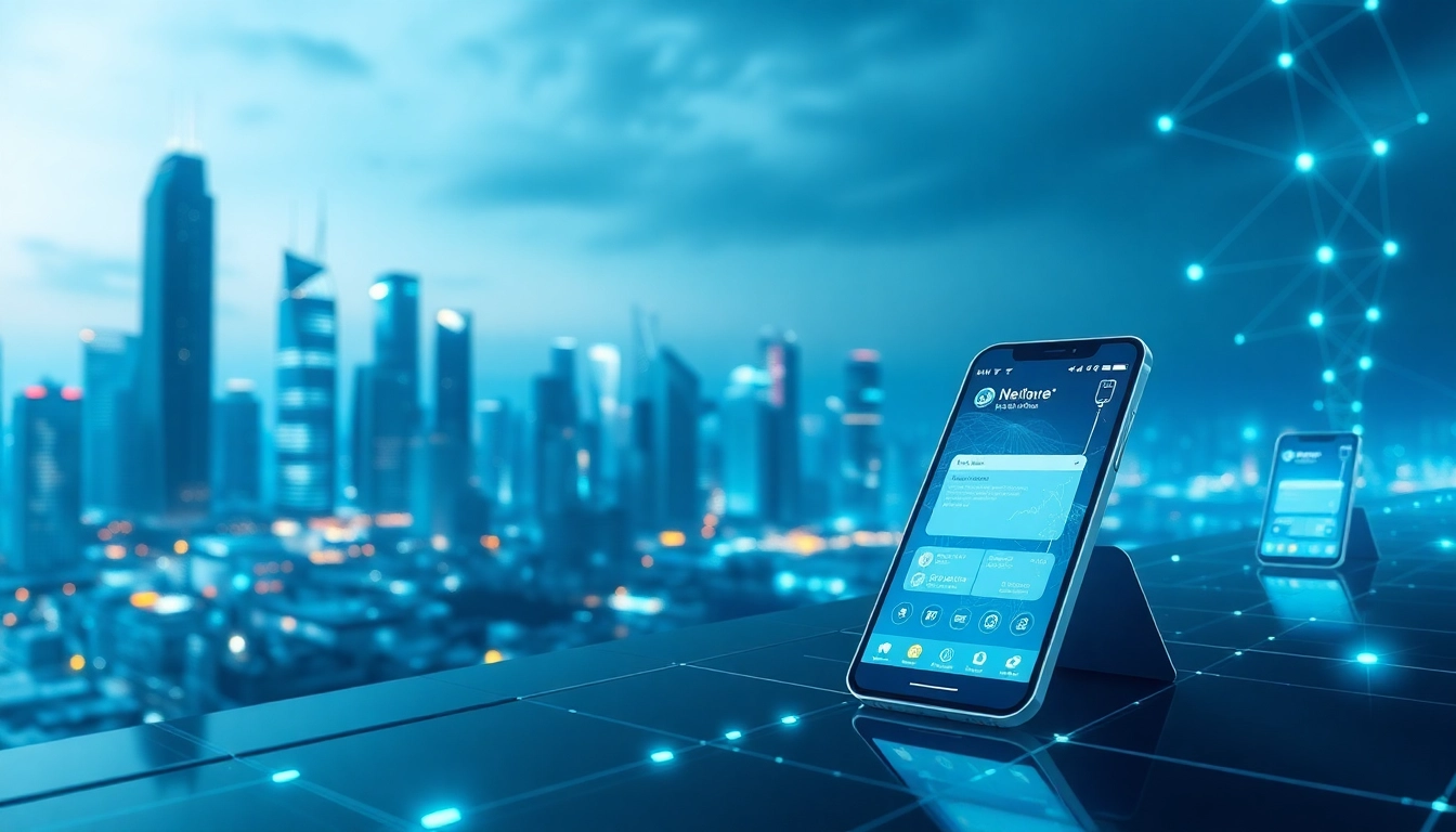 快连官网 showcasing advanced network solutions in a futuristic digital landscape with mobile devices and secure data streams.