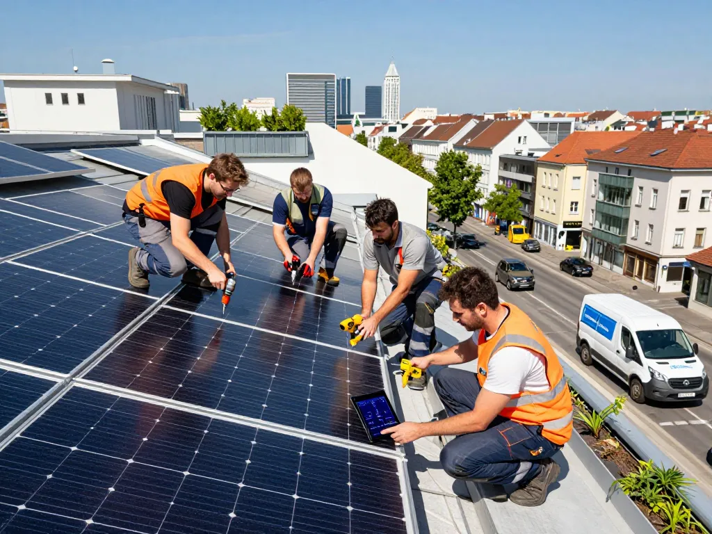 Das Solar Wien Installationsteam auf einem Dach in Wien, das Photovoltaik-Module und Nachhaltigkeit präsentiert.