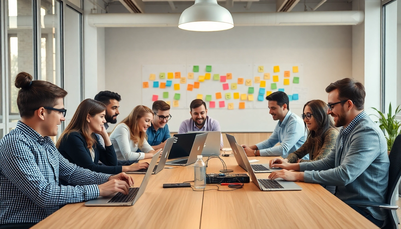 Software Entwicklung im Team mit verschiedenen Fachleuten in einem modernen Büro.