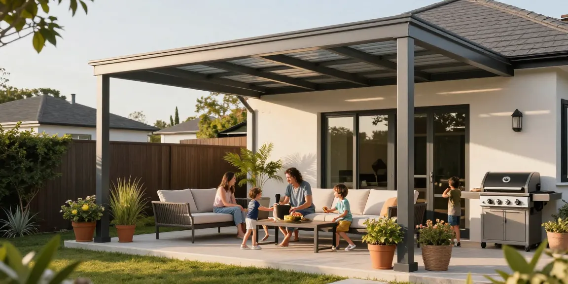Attraktive Terrassenüberdachungen in einer sonnigen Gartenlandschaft mit spielenden Kindern und stilvollen Möbeln.