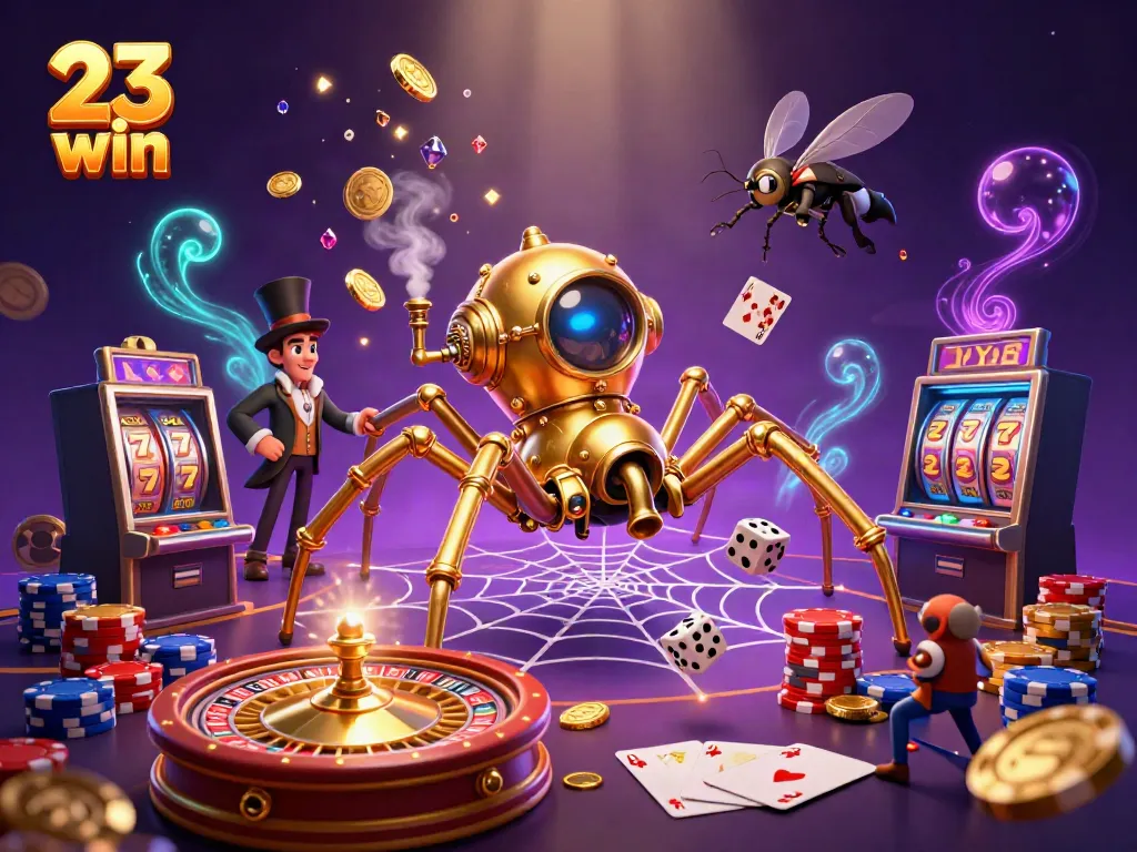 Winning big at 23 win with dazzling golden coins and vibrant gambling elements surrounding playful characters.