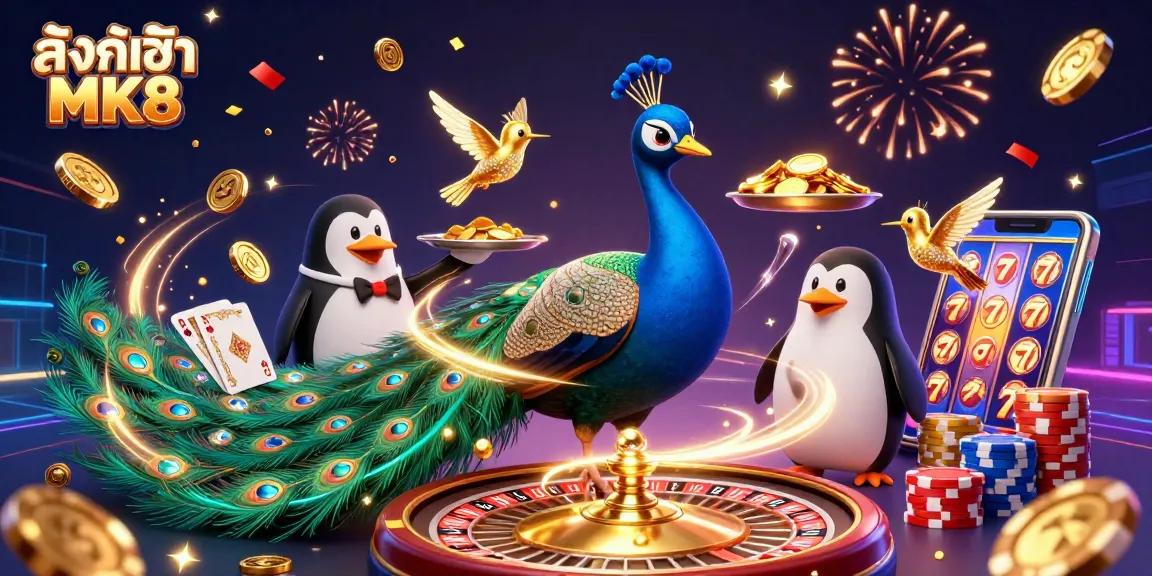 Experience exciting gameplay with ลิงก์เข้า MK8 as a peacock, penguin, and hummingbird celebrate in a vibrant casino.