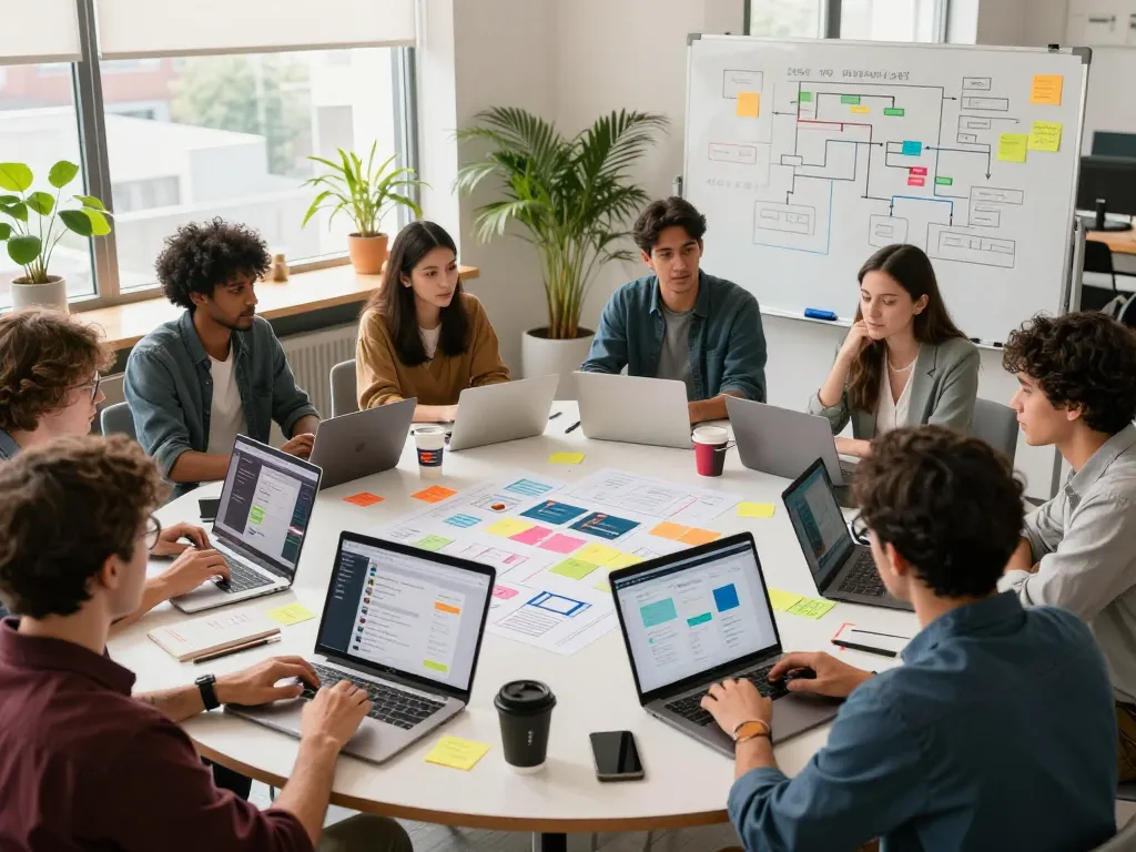 Team arbeitet zusammen, um Webanwendung in einem innovativen Arbeitsbereich mit Laptops und digitalen Prototypen zu beauftragen