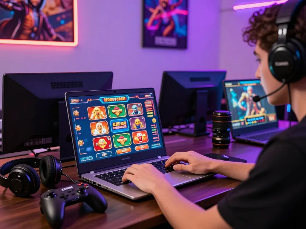 Engaged user enjoying luck8 online gaming experience with colorful casino graphics