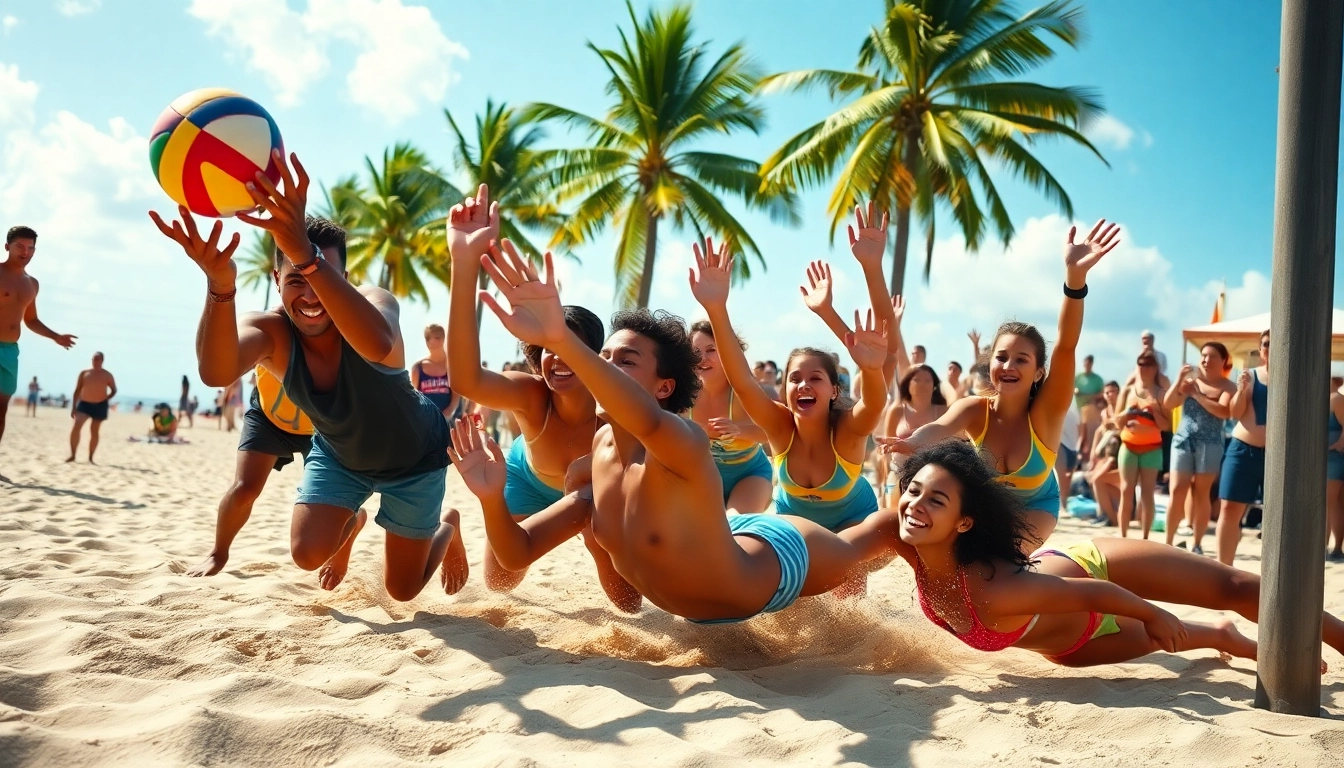 Spieler beim Beach Volleyball Camp zeigen Teamarbeit und Einsatz am sonnigen Strand.