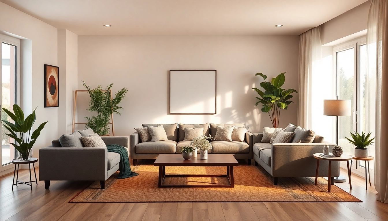 Moderne Raumgestaltung in einem gemütlichen Wohnzimmer mit Erdtönen.