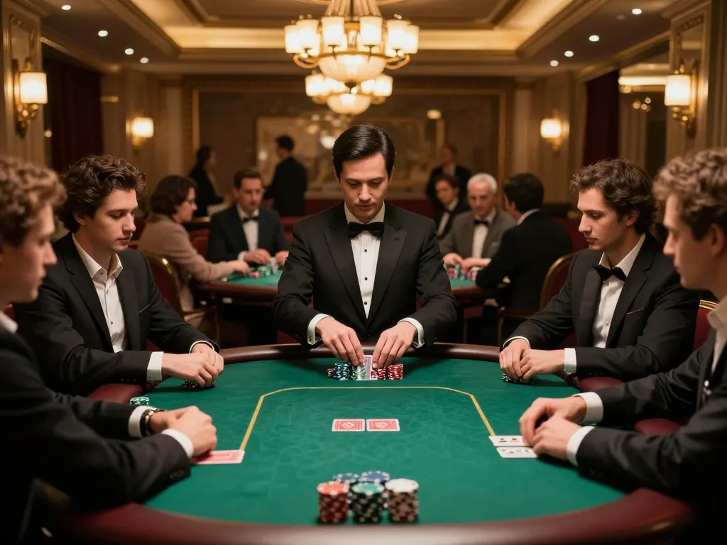 Players at a high-stakes poker table in SV66 casino, focused on their cards and chips during gameplay