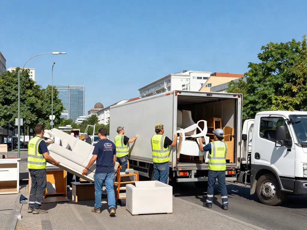 Professionelle Entrümpelung Berlin mit Team, das Möbel in einen Transporter lädt.