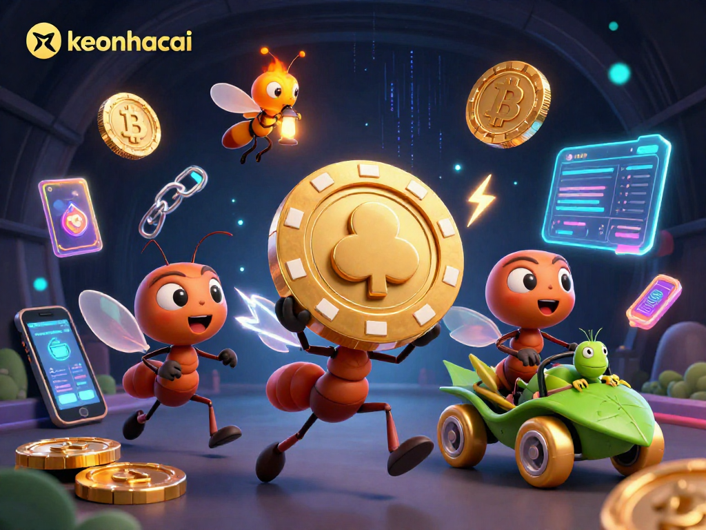 Experience the thrill of a keonhacai heist with cartoon ants, crypto coins, and vibrant casino elements!