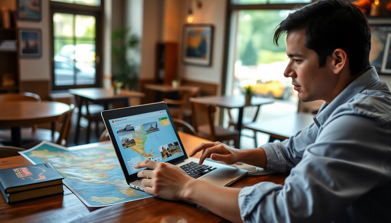 Vergleichen von Reisen online mit einem Laptop und bunten Reisekarten auf dem Tisch.