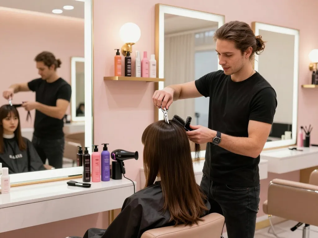 Damenfriseur stylt das Haar einer Kundin in einem eleganten Salon mit schickem Dekor.