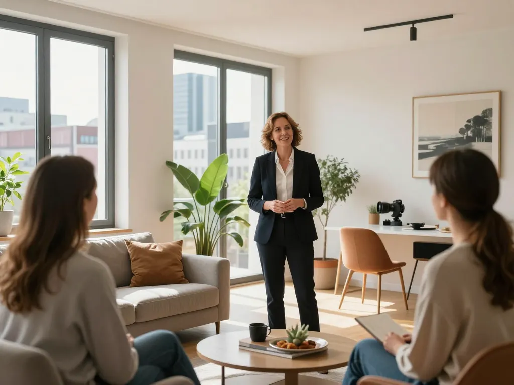 Immobilienmakler Frankfurt Sachsenhausen präsentiert potenziellen Käufern eine schöne Wohnung in einer einladenden urbanen Umgebung.