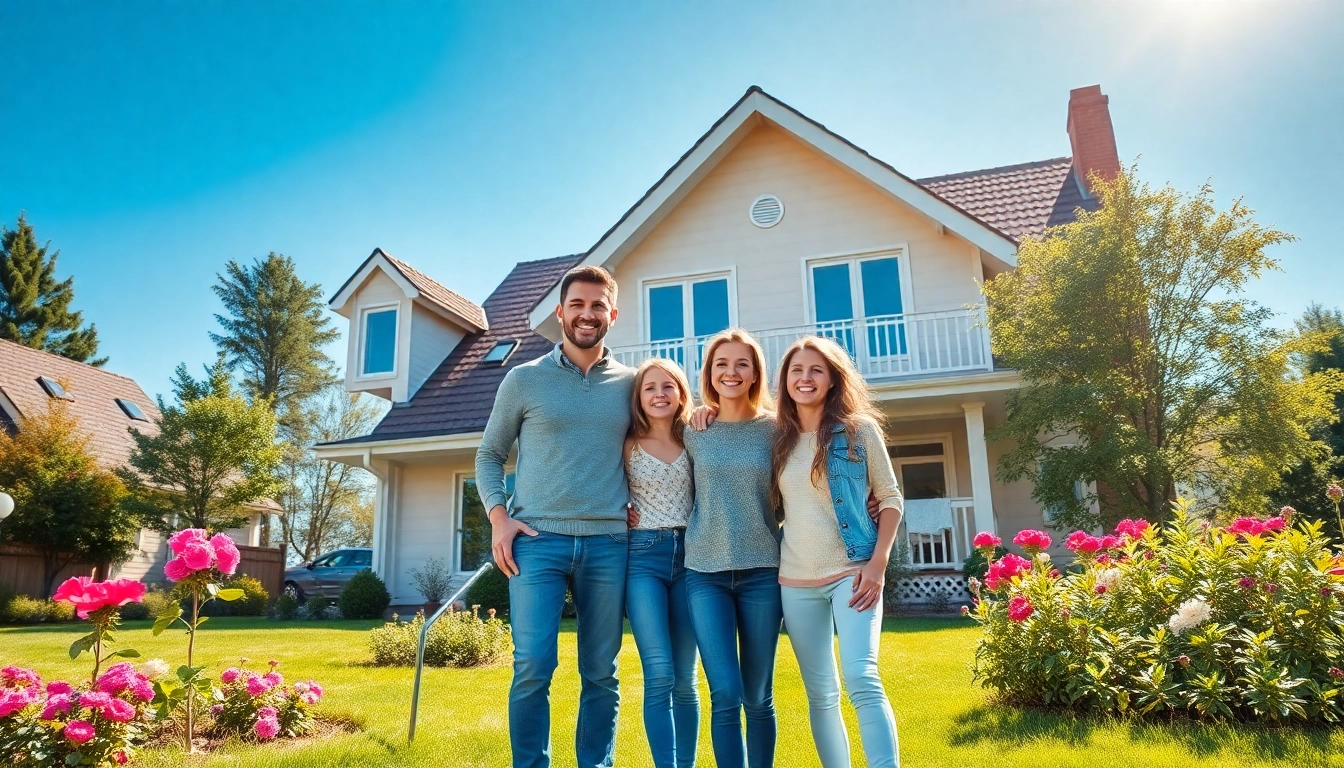 Familie feiert ihren Hauskauf vor ihrem neuen Zuhause mit einem fröhlichen Lächeln.