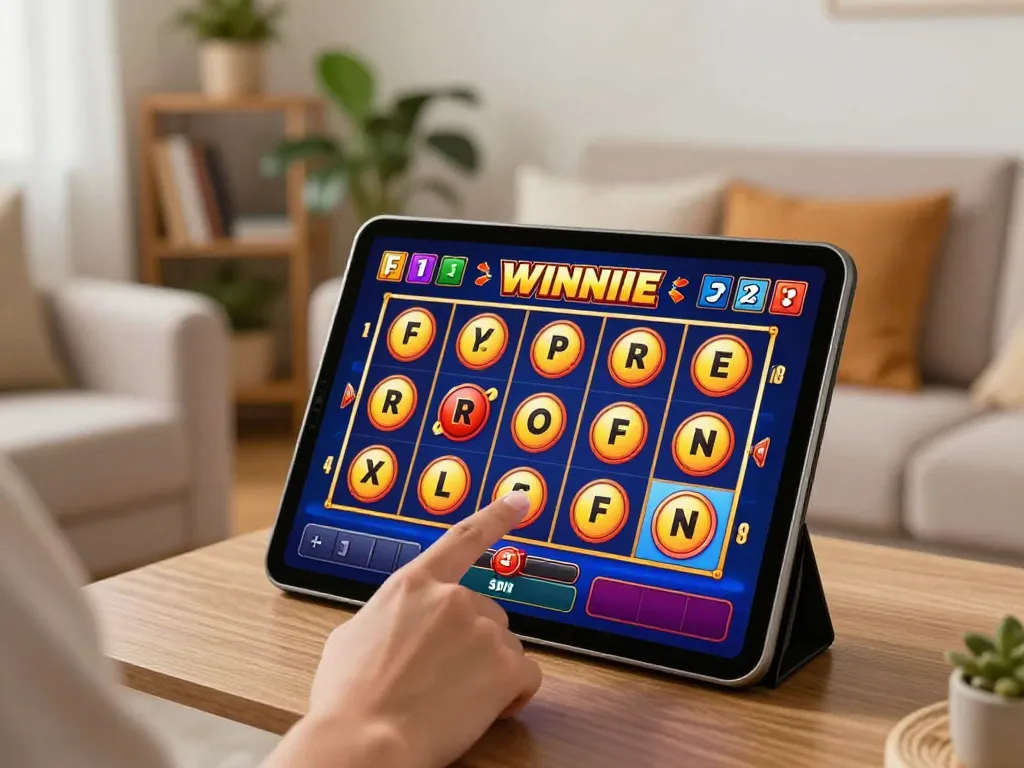 Engaging in a VIN88 online slot game with colorful visuals on a tablet, celebrating potential wins in a cozy living room.