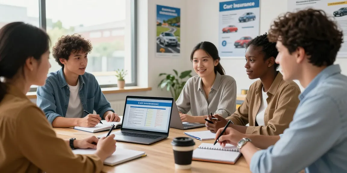 Diskussion über Autoversicherung in Dortmund, Team vergleicht Tarife in einem hellen Büro.