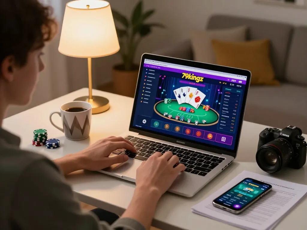 Engaged user playing online poker at home with 79kingz interface visible on laptop screen.