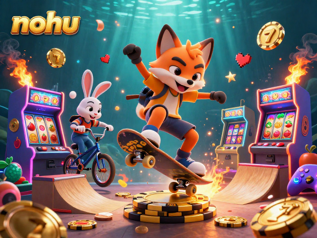 Nohu showcases a skateboarder fox performing tricks over golden poker chips amidst vibrant gaming elements.