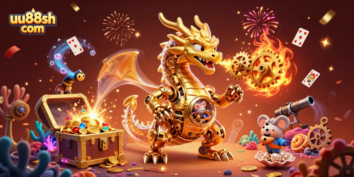 Experience the thrill of gaming at uu88sh com with a vibrant 3D illustration of a golden dragon and treasures.