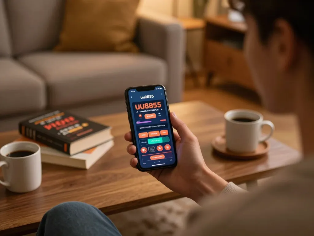 The player engaging with the uu8855 app for online betting in a cozy home setting, highlighting strategic gameplay in a warm atmosphere.