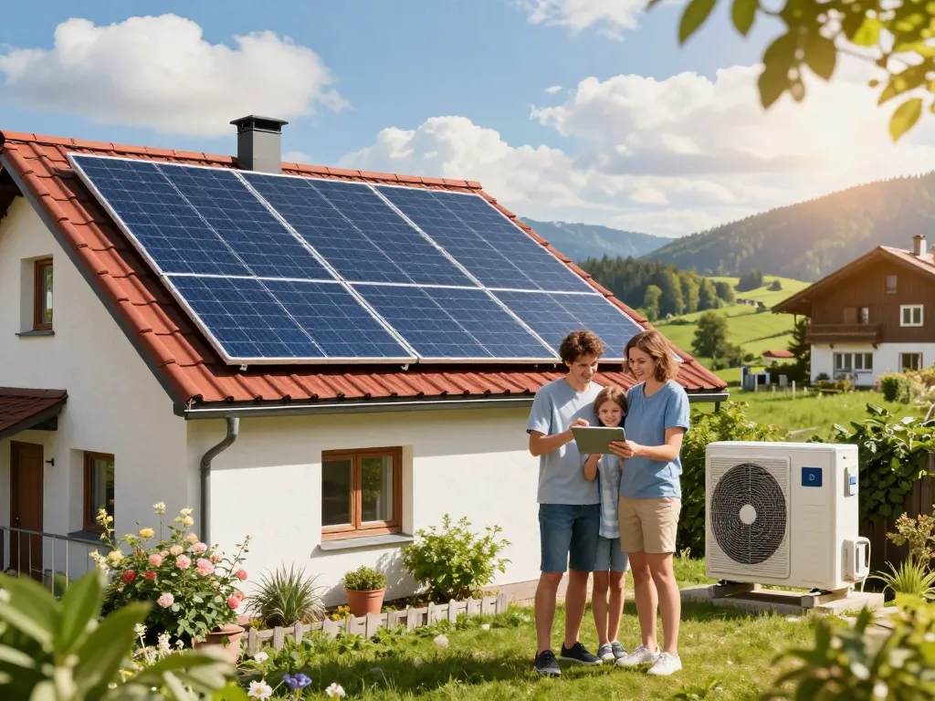 Photovoltaik Bayern - Familie, die draußen in einer sonnigen bayerischen Landschaft mit Solarenergie-Einsparungen interagiert.