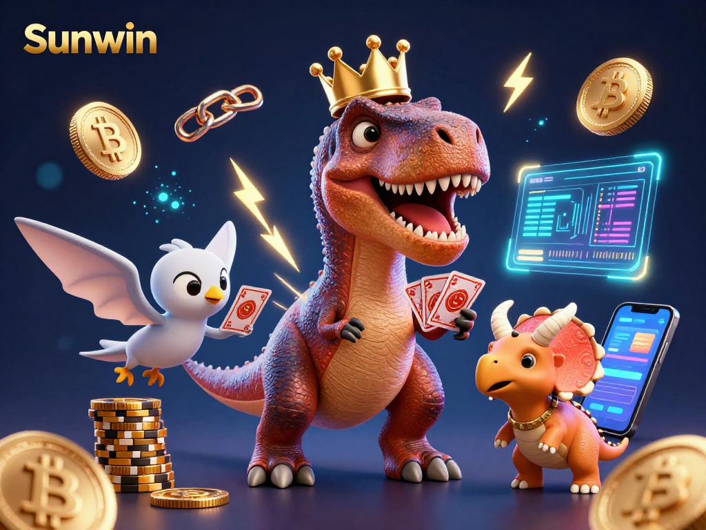 Join the action at Sunwin with a T-Rex shuffling cards and friends stacking chips in a vibrant casino scene.
