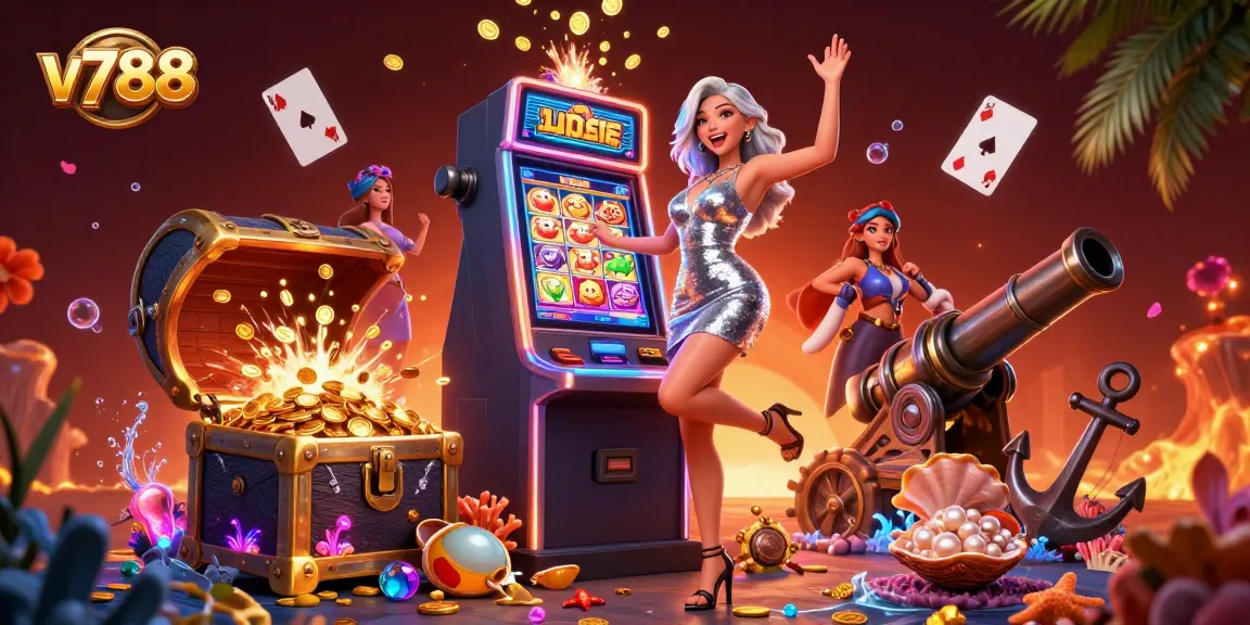 Spin to win at v788 with a stunning Asian woman celebrating her jackpot on a slot machine!