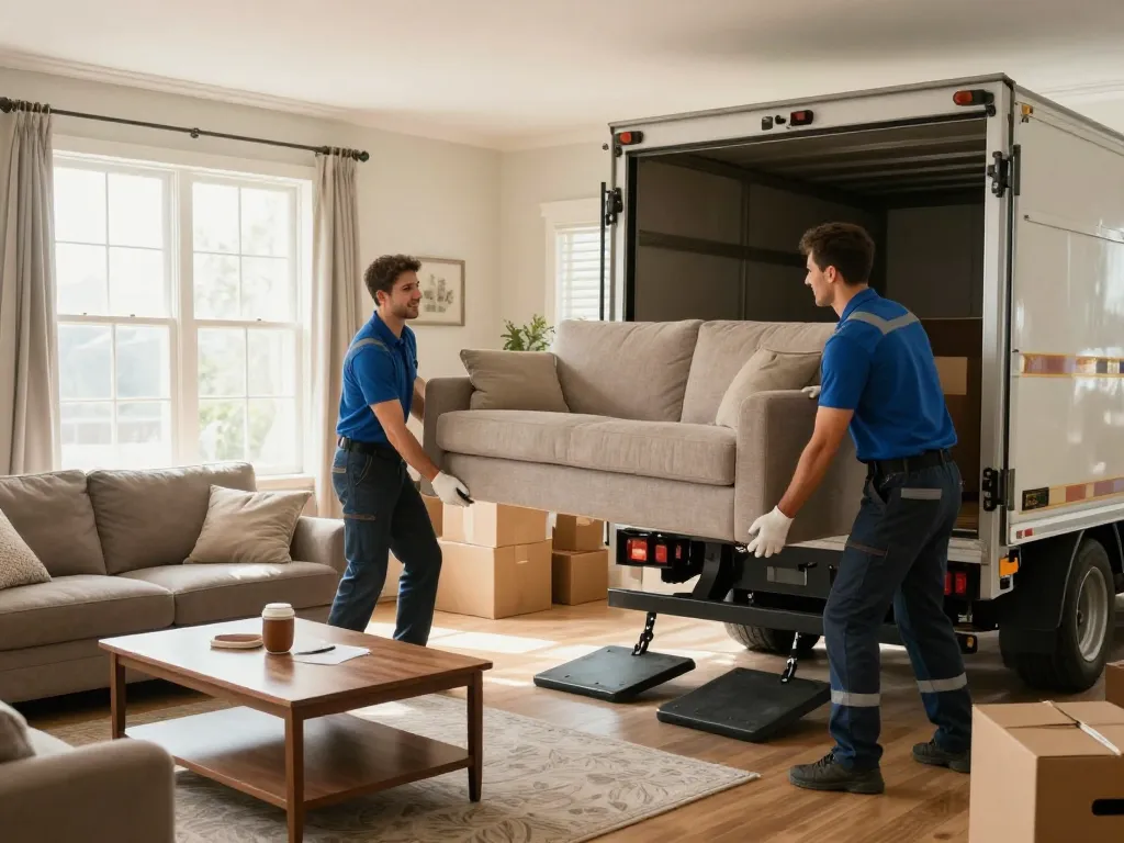 Furniture removal team carefully loading a sofa into a truck for eco-friendly disposal