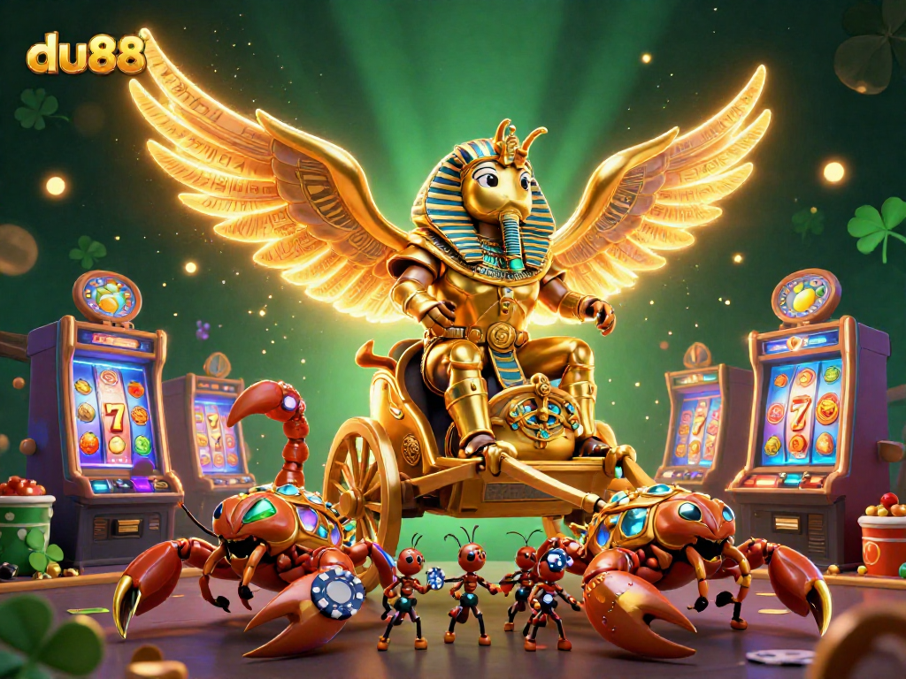 Engage in thrilling du88 slot games with a vibrant illustration of a majestic chariot and buzzing casino elements.