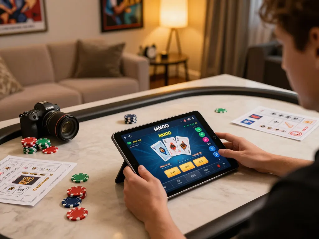 Player engaging with MMOO app on tablet, surrounded by gaming strategy notes in a cozy setting