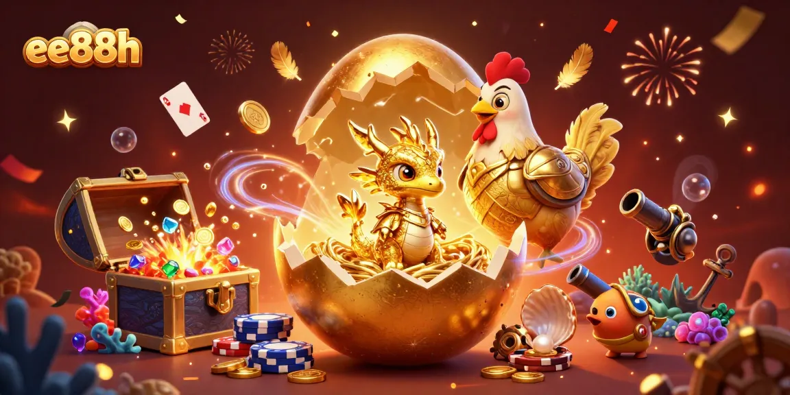 Win big at ee88h with dynamic 3D illustration of a golden dragon and vibrant casino elements.