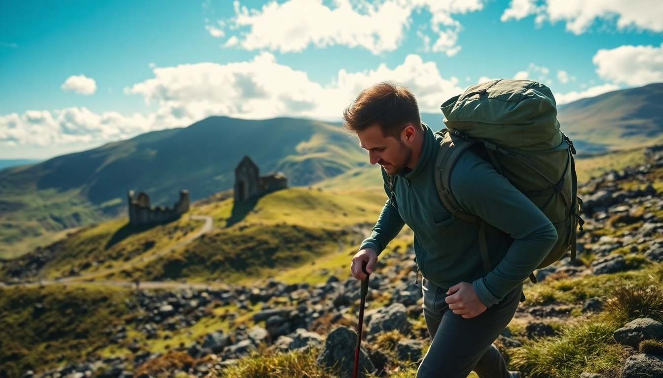 Irland wandern in der malerischen Landschaft mit Hiker und historischen Ruinen.