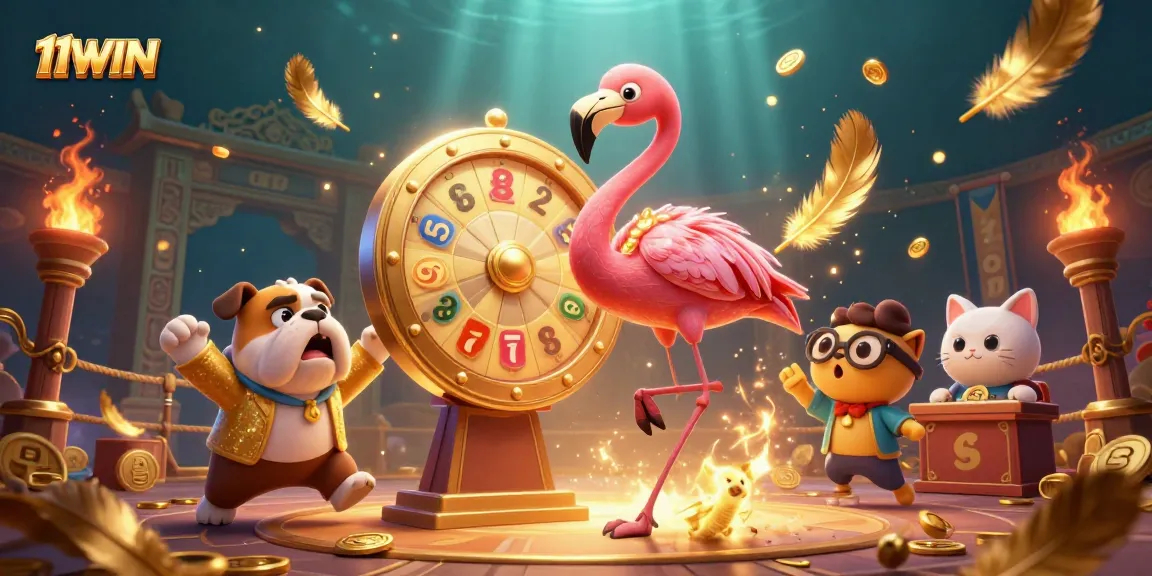 11WIN promotes thrilling gaming moments with a flamingo host and bulldog contestant spinning a prize wheel.