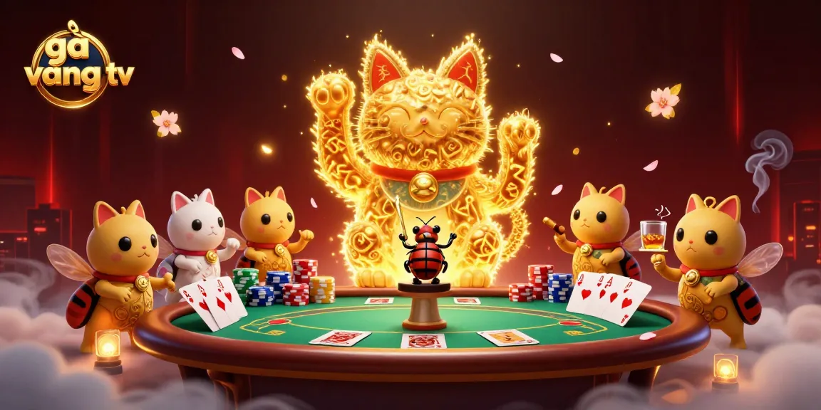 Engage with gà vàng tv through a vibrant 3D illustration of a lucky cat at a casino.