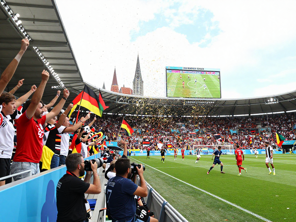 Fussball WM Deutschland 2026: Zuschauer jubeln beim spannenden Fußballspiel im Stadion.