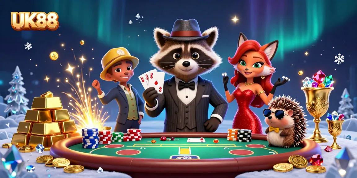 Engage with UK88's exciting poker scene featuring a suave raccoon and dazzling elements in 3D.