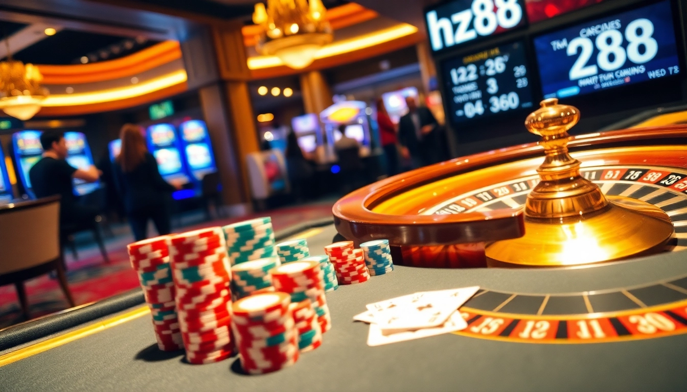 Experience the excitement of hz88 in a luxurious casino setting with poker tables and roulette wheels.
