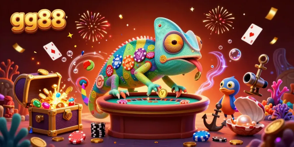 Win big at gg88 with the colorful chameleon casino owner surrounded by treasures and gaming excitement.